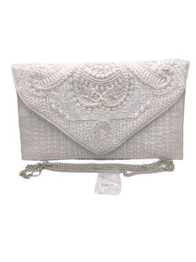 LuLus White Beaded Clutch Crossbody Bridal Evening Bag